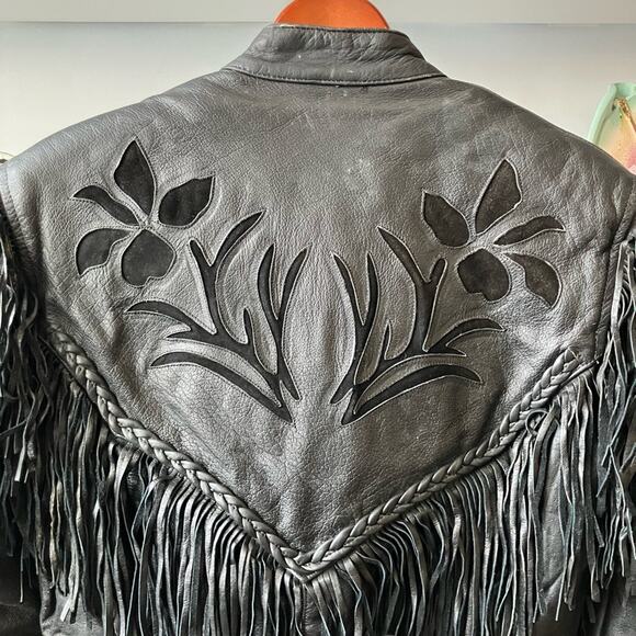 Vintage 80’s UNIK Fringe Leather Black Jacket Small/ Medium - Picture 12 of 12